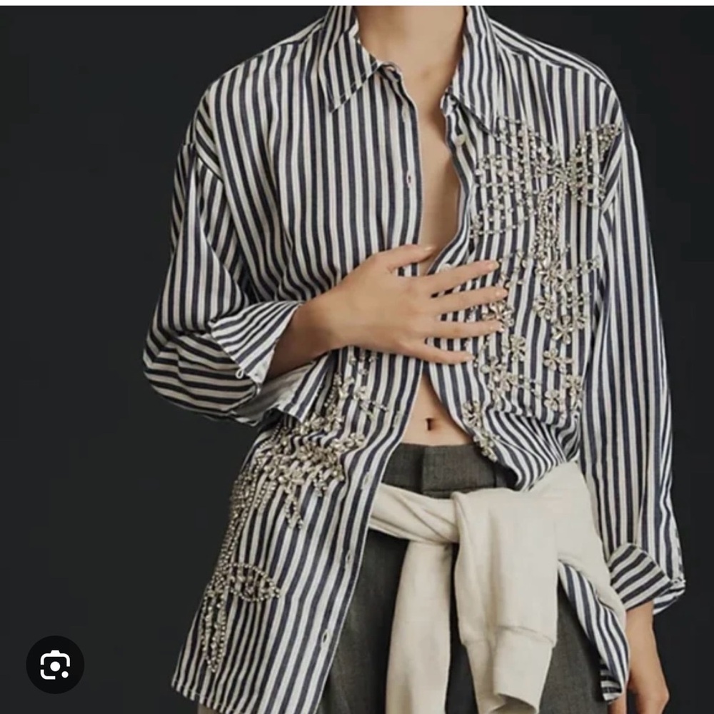 Anthropologie Mave Bennet Embellished Navy  and White Striped Shirt